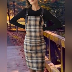 Plaid Pinafore Dress with Black Straps